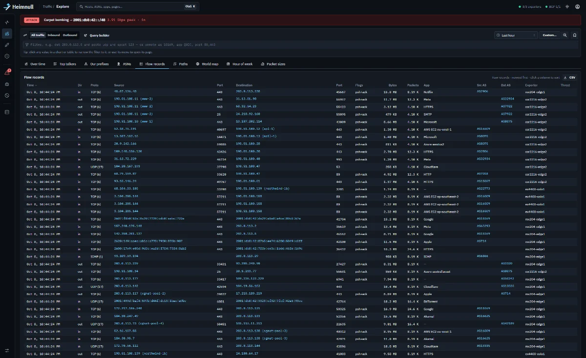 Explore's flow records view: raw records with time, direction, protocol, source, destination, ports, flags, bytes, packets, application, ASNs and exporter.